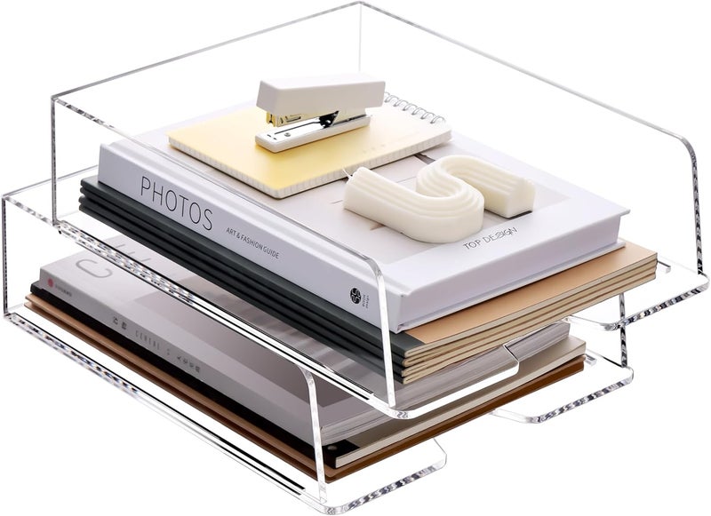 HeZone Enlarged Letter Paper Tray - Clear Acrylic Desk Organizers for Document Organization and File Storage - Stackable Office Accessories - 2 Pack (Large Tray V) - Image 1